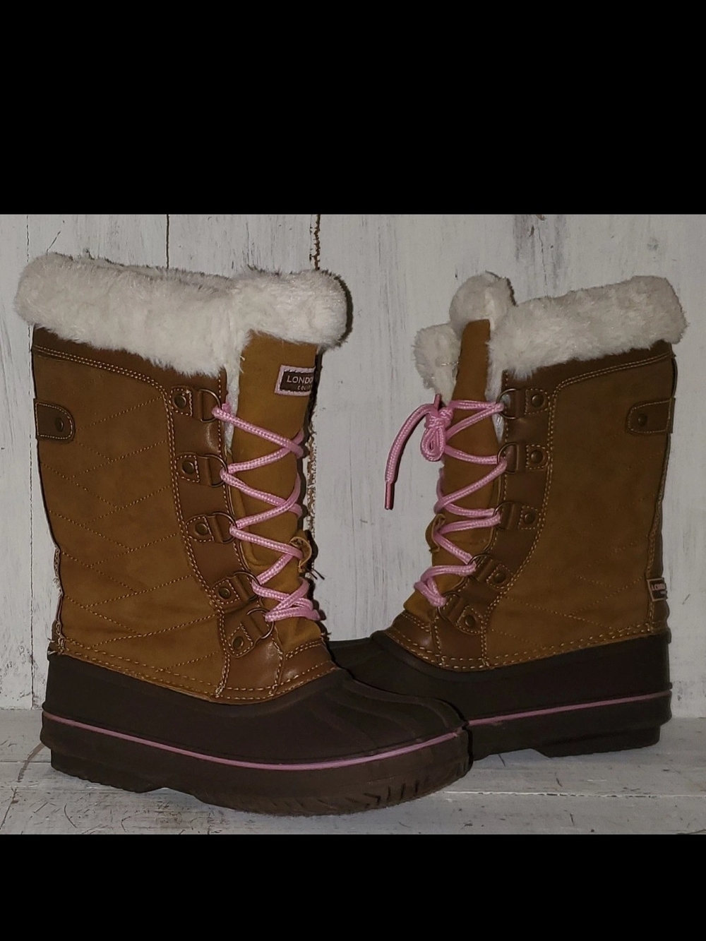London Fog Beckenham Winter Boots with Faux Fur - Tan/Pink Size 4 Girls